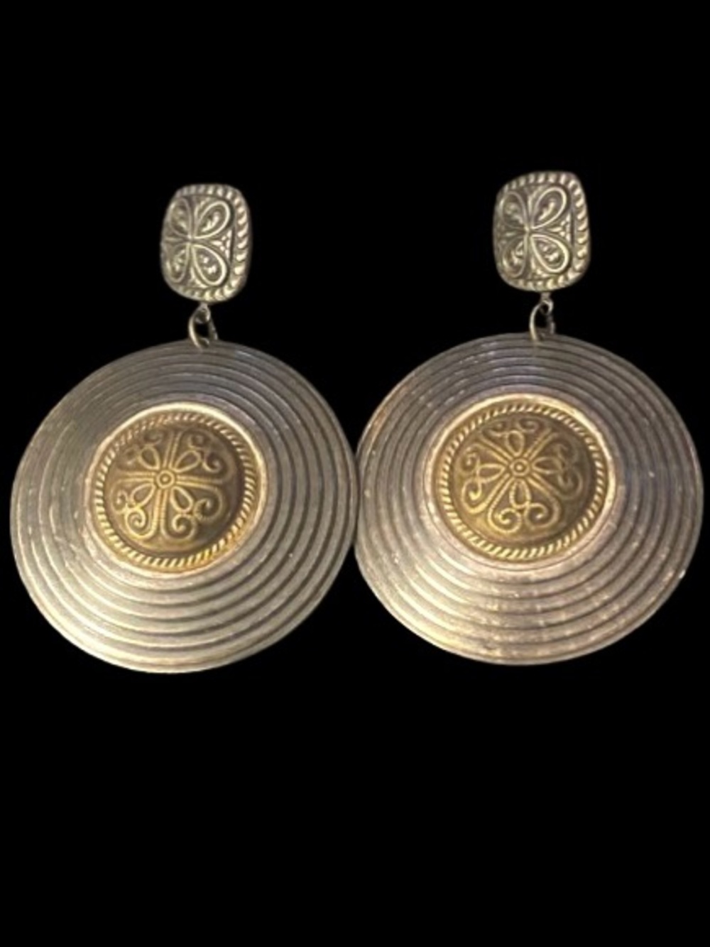 Vintage Statement Two-Tone Silver and Brass Drop Pierced Earrings Raised Floral